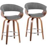 Vintage Mod 26" Swivel Counter Stool in Walnut Wood & Light Grey Fabric & Chrome (Set of 2)